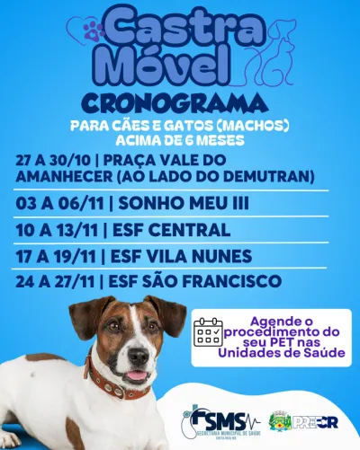 Imagem da notícia Prefeitura de Costa Rica divulga cronograma de atendimento do castramóvel em Ação; Veja as datas